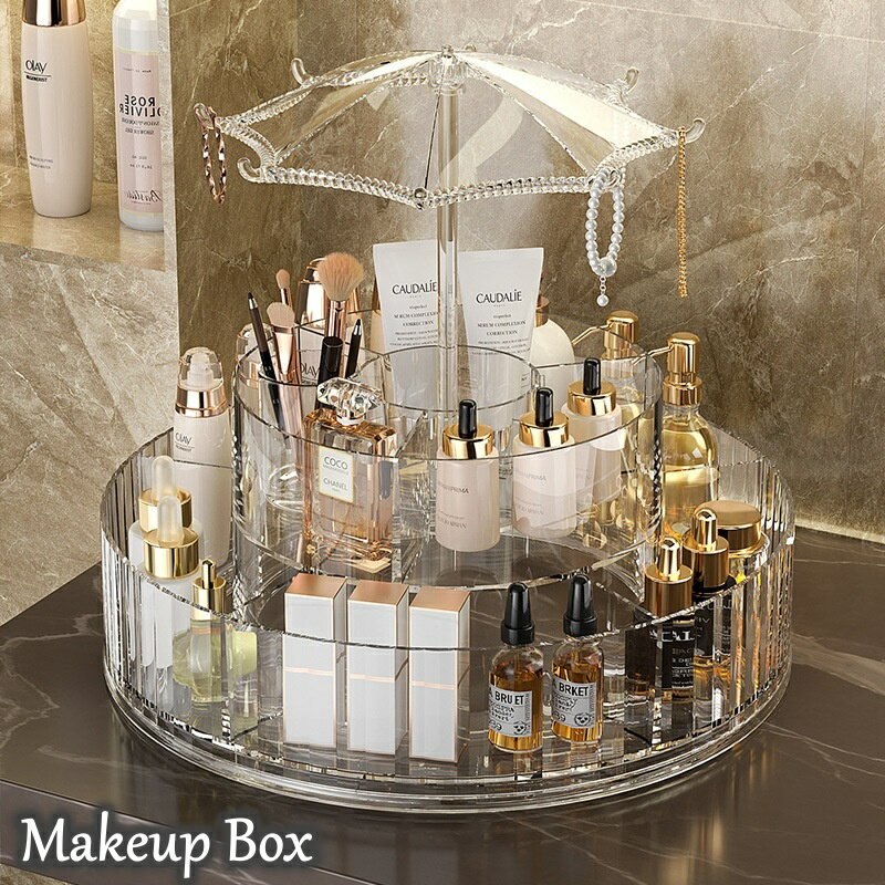 送料無料 メイクボックス コスメボックス 化粧品収納 収納ケース 2段 円形 パラソル 360度回転 クリア ..