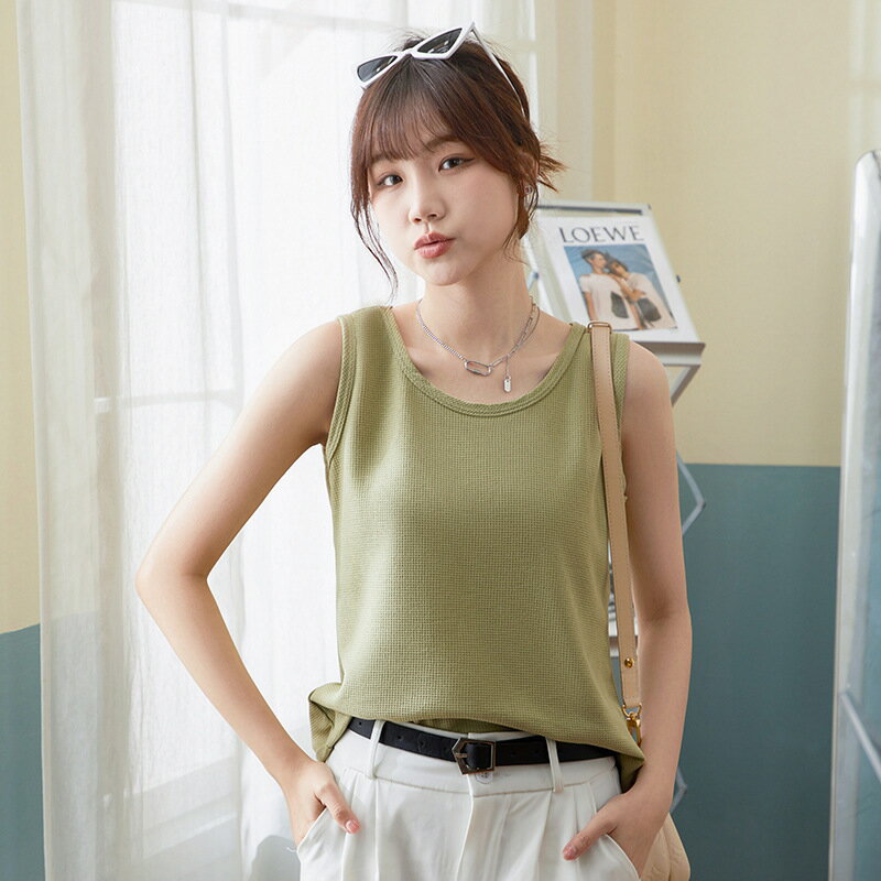 送料無料 タンクトップ キャミソール ノースリーブ ワッフル レディース トップス ラウンドネック スリーブレス 袖なし 無地 カジュアル ルーズ ゆったり ベーシック 夏 ブラック グリーン ホワイト