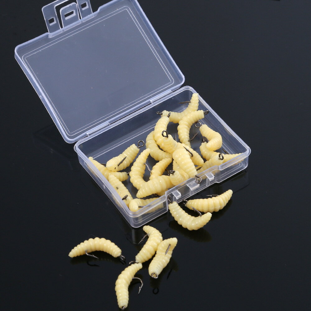 送料無料 ソフトルアー 疑似餌 25個セット フック付き 釣り針付き 釣り用具 釣り具 フィッシング道具 ワーム型 ウジ虫型 蛆虫型 アウトドア レジャー 大容量
