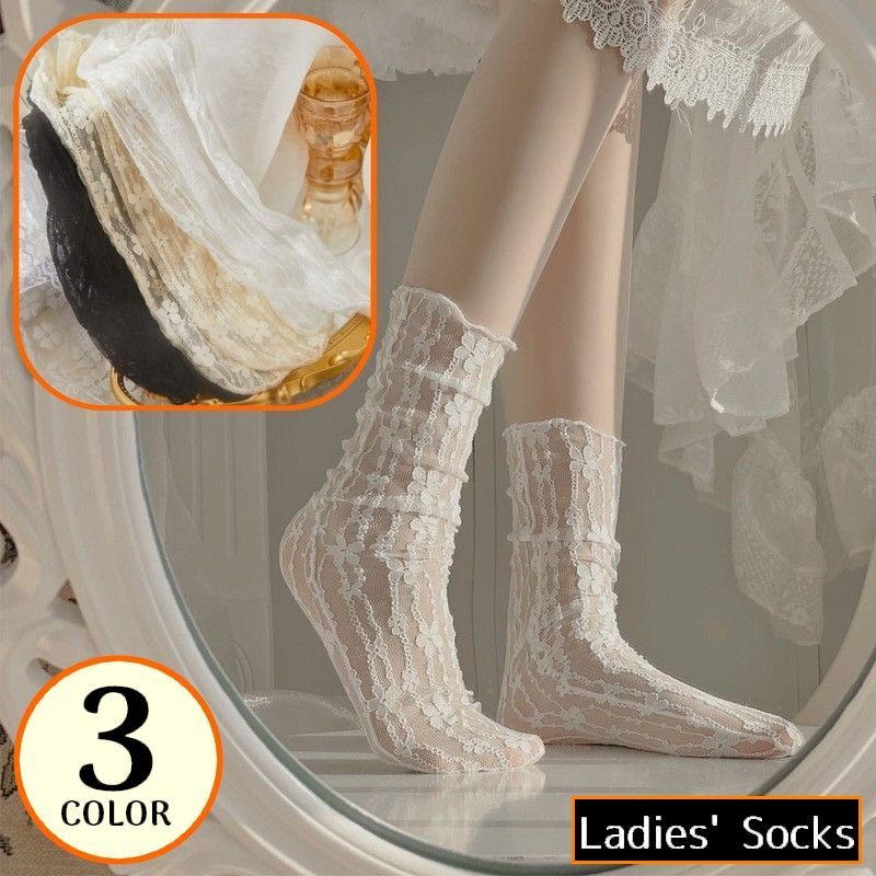 送料無料 靴下 クルーソックス レディース レース メロウフリル 薄手メッシュ 通気性 シースルー 透け感 ロリータ 甘ロリ 可愛い 春夏