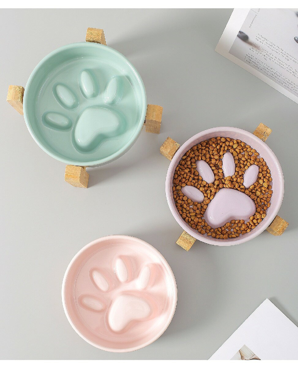 Plus Naoの送料無料 ペット用食器 フードボウル 陶器製 木製 竹製スタンド付き 餌入れ エサ入れ 犬 猫 スローフード 飲み込み 丸飲み 早食い防止｜アングル2