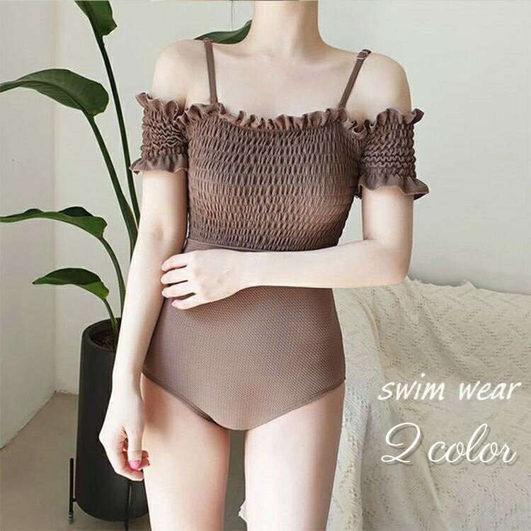 送料無料 水着 スイムウェア レディース 女性用 ワンピースタイプ オフショルダー シャーリング フリル かわいい おしゃれ 無地 オトナ女子 ビーチ 海 プール ブラック 黒のサムネイル