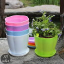 送料無料 植木鉢 受け皿付き フラワーポット プランター プラ鉢 丸型 ラウンド型 プラスチック製 観葉植物 多肉植物 園芸 ガーデニング かわいい おしゃれ カラバリ豊富 ホワイト ブラック ピンク 白 黒