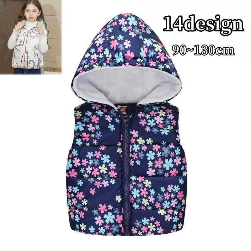 送料無料 中綿入りベスト ダウン風ベスト アウター キッズ 子供 ジップアップ フード付き 上着 防寒 寒さ対策 プリント カジュアル おしゃれ かわいい お出かけ