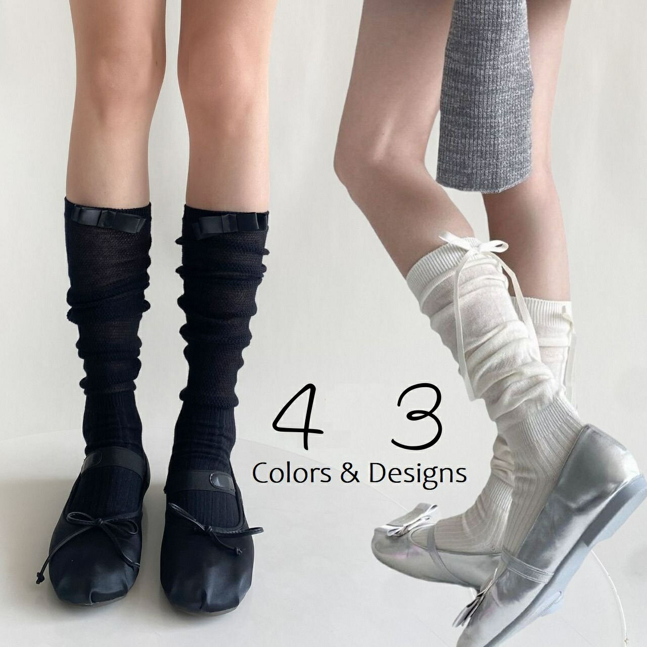 送料無料 ハイソックス ルーズソックス レディース 靴下 シアー 透け感 ふくらはぎソックス 春夏 薄手 リボン メッシュ 切替 レッグウエア オフホワイト ブラック