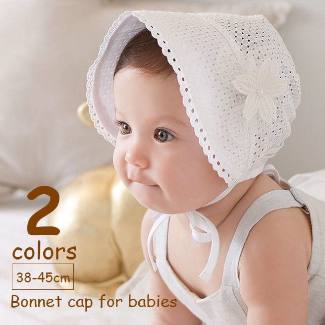 送料無料 ボンネット帽 ベビー 帽子 ハット パンチングレース コサージュ スカラップ 赤ちゃん 新生児 ..