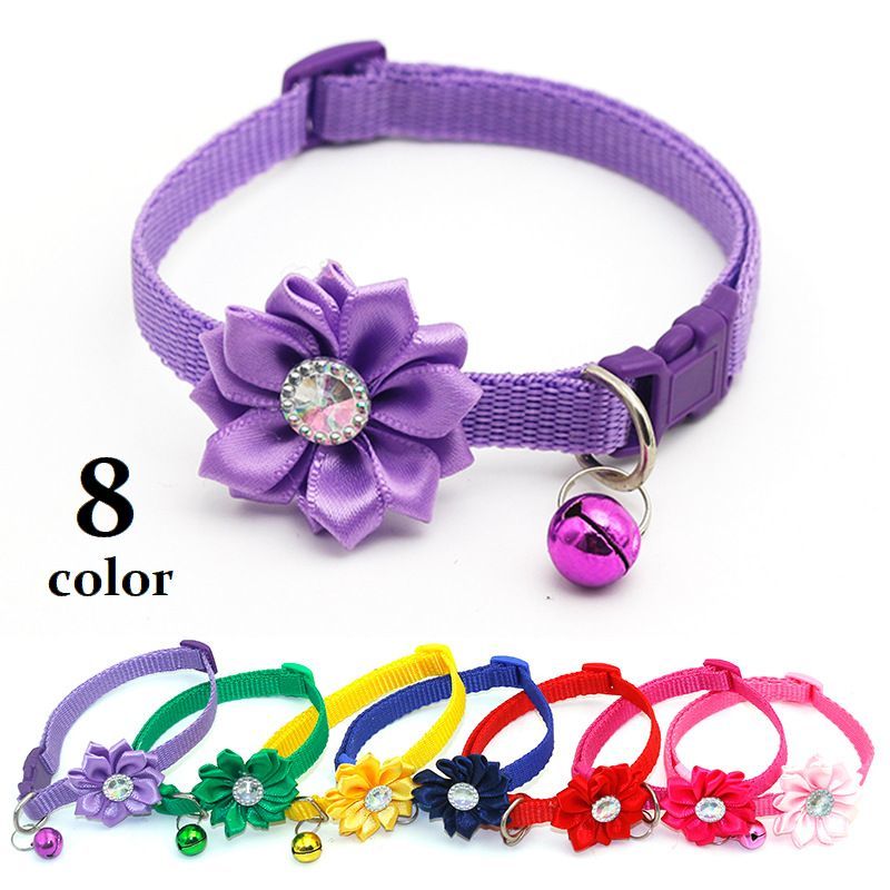 送料無料 首輪 カラー 犬用 猫用 ペット用品 ワンタッチバックル 鈴付き フラワー ラインストーン 長さ調節可能 可愛い おしゃれ 散歩 お出掛け イヌ用 ネコ用 ペットグッズ