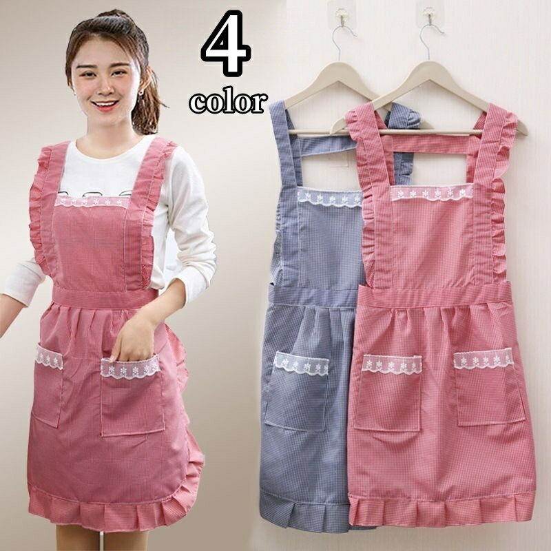 送料無料 カフェエプロン エプロン ワンピースエプロン キッチン雑貨 前ポケット 膝丈 ギンガムチェッ..