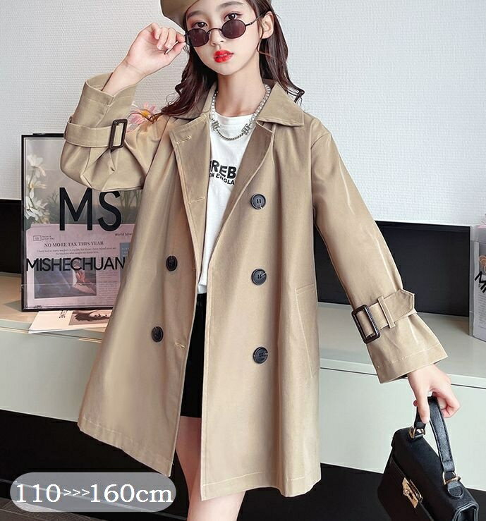 送料無料 トレンチコート キッズ ジュニア 女の子 子供 アウター スプリングコート チェスターコート ベージュ カーキ ウエストマーク おしゃれ かわいい 上品 カジュアル スタイルアップ 通学 小学生 中学生
