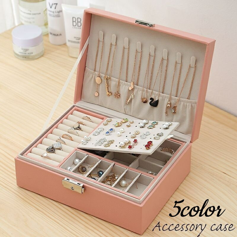 送料無料 アクセサリーケース ジュエリーボックス 宝石箱 小物入れ 2段 カギ付き 大容量 収納 整理 保管 四角形 スクエア フック 仕切り おしゃれ 可愛い シンプル レザー調 無地 イヤリング ピアス ネックレス ブレスレット 時計 指輪 コレクション