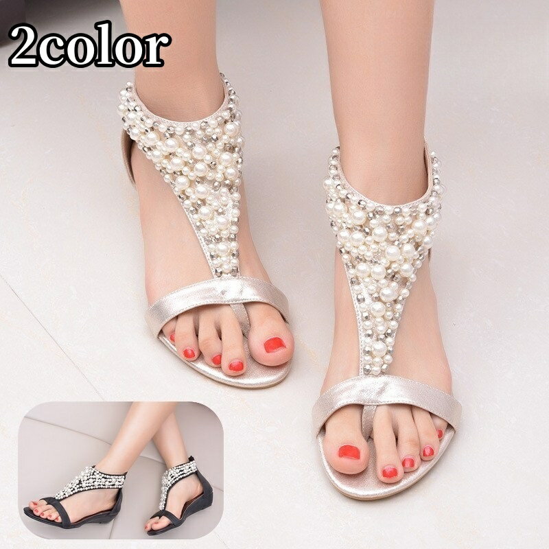 送料無料 ストラップサンダル ローヒール レディース 女性 靴 フェイクパール ビジュー バッグファスナ..