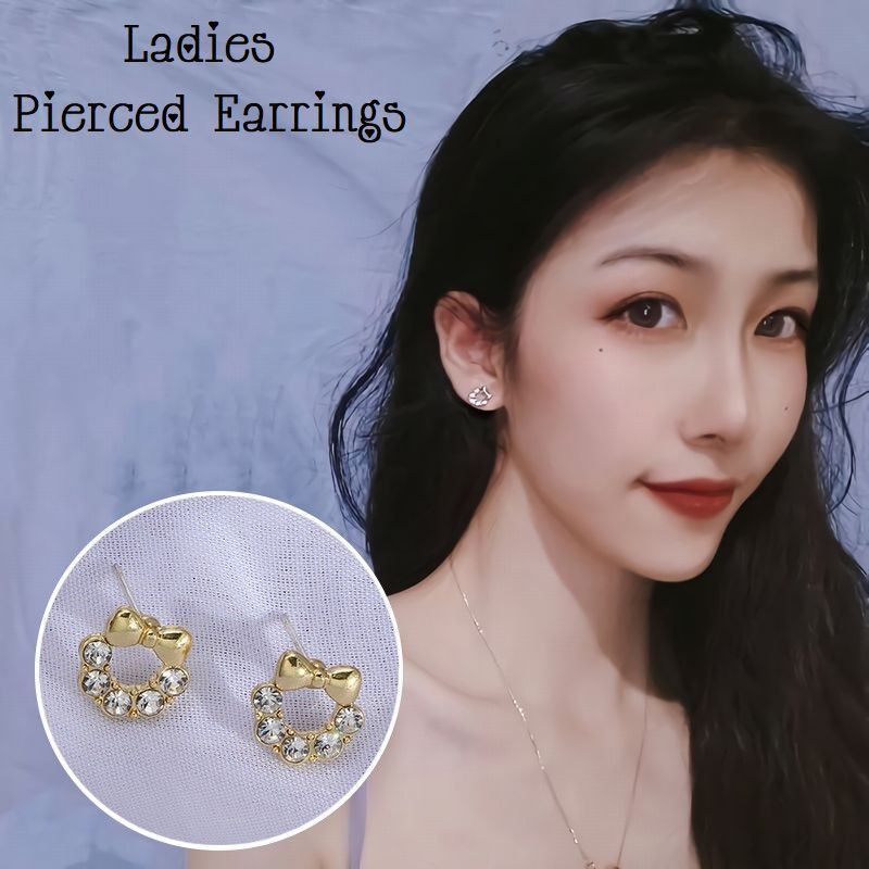 送料無料 スタッドピアス キャッチピアス レディース アクセサリー 耳飾り ラインストーン 円形 リボン..