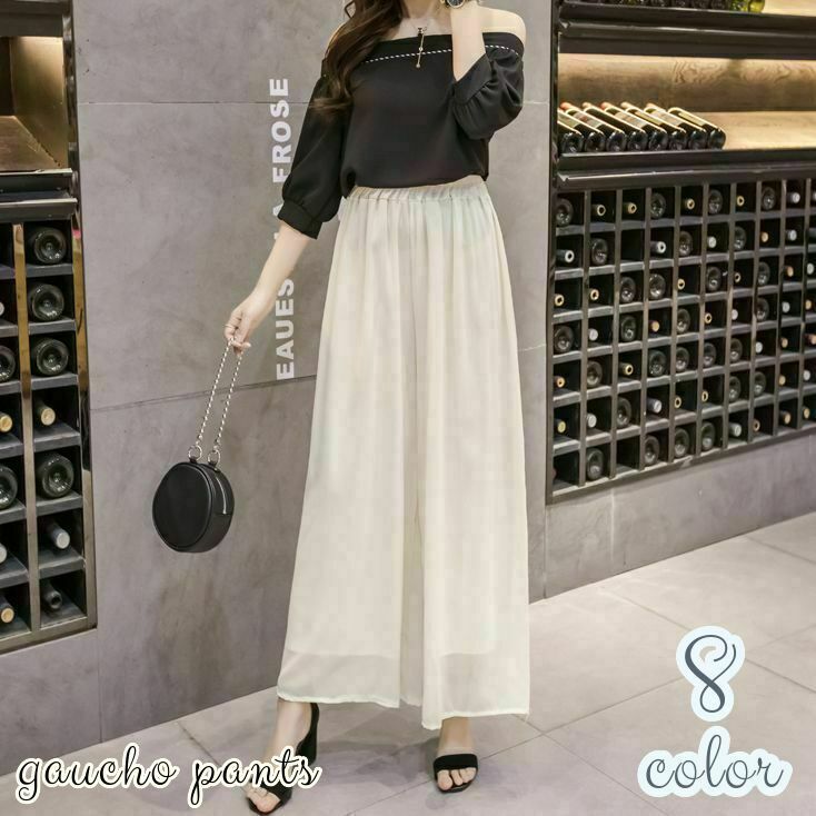 送料無料 ガウチョパンツ レディース 女性用 ボトムス 10分丈 シフォン 透け感 ゆったり 無地 裏地付き..