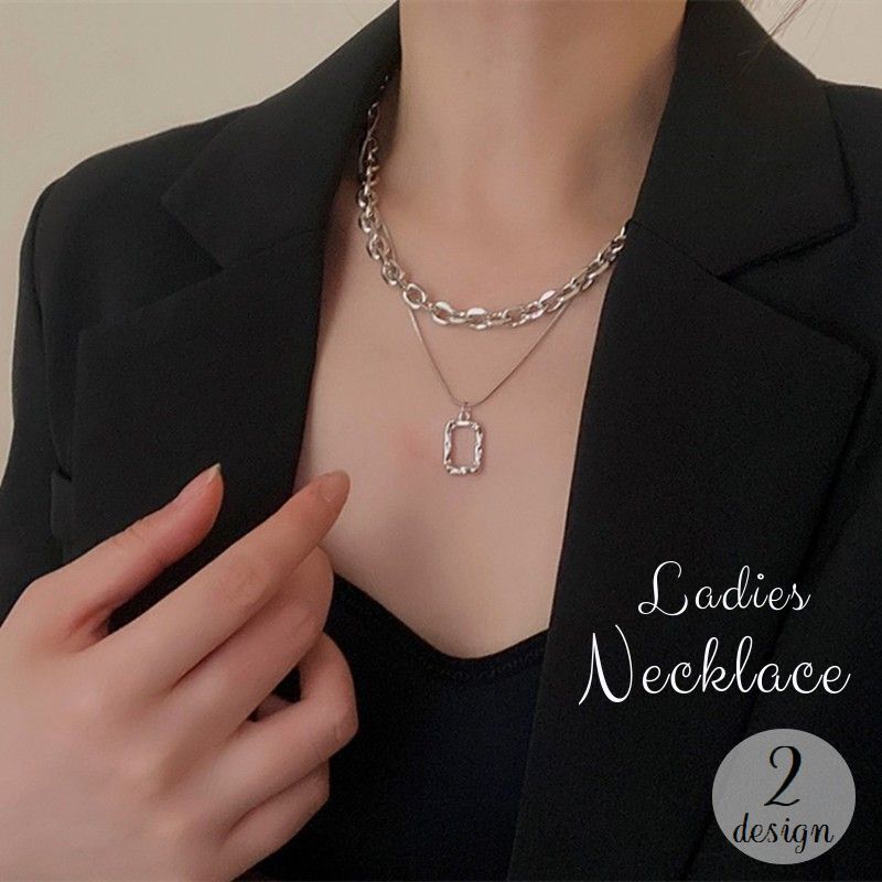 送料無料 ネックレス レディース 女性用 アクセサリー チェーン ごつめ 太め 重ね付け 二連 チャーム付き スクエア シルバーカラー おしゃれ カジュアル シ...