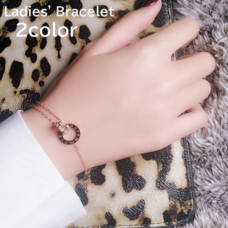 送料無料 ブレスレット レディース 女性用 婦人用 アクセサリー チェーン ダブルリング ラインストーン ローマ数字 アジャスター付き サイズ調節可能 シルバー...