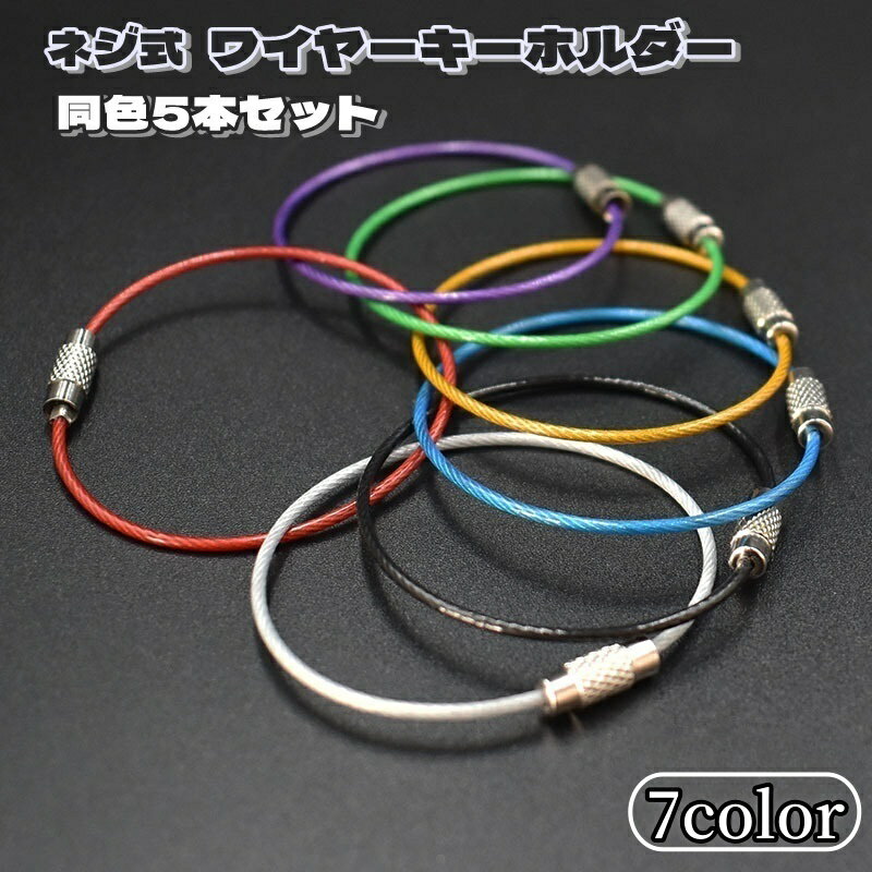 送料無料 ワイヤーキーホルダー 同色5本セット ネジ式 ワイヤーリング キーリング 鍵 紛失防止 落下防止 盗難防止 整理 パーツ DIY