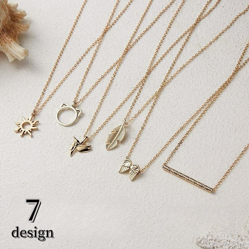 送料無料 ネックレス ペンダント レディース アクセサリー ゴールドカラー アズキチェーン ネコ 太陽 トリ 羽 バー リーフ 大人かわいい ナチュラル 高見え...