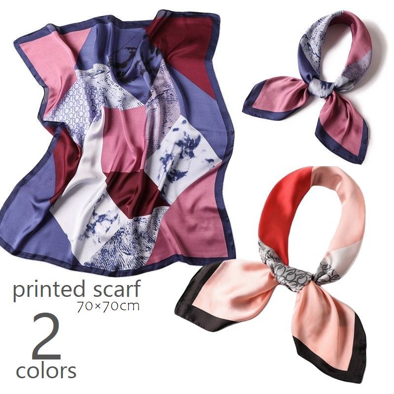 送料無料 スカーフ プリントスカーフ 大判 正方形 70cm サテン ファッション小物 柄 レッド ワイン 幾何学 ミックスカラー スクエア バンダナ ストール おしゃれ 上品 なめらか 光沢