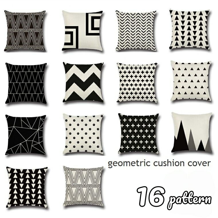 送料無料 クッションカバー 単品 正方形 45cm 柄 プリント モノトーン モノクロ スクエア カバーのみ ..