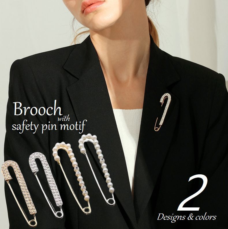 送料無料 ブローチ ストールピン ショールピン ラインストーン パール調 安全ピンモチーフ ピンブロー..