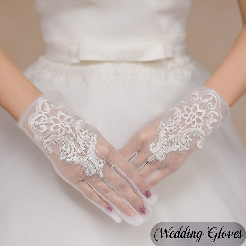 送料無料 ウエディンググローブ 花嫁 ブライダル 手袋 ショート レース オーガンジー 花柄 刺繍 白 結婚式 パーティー 披露宴 二次会