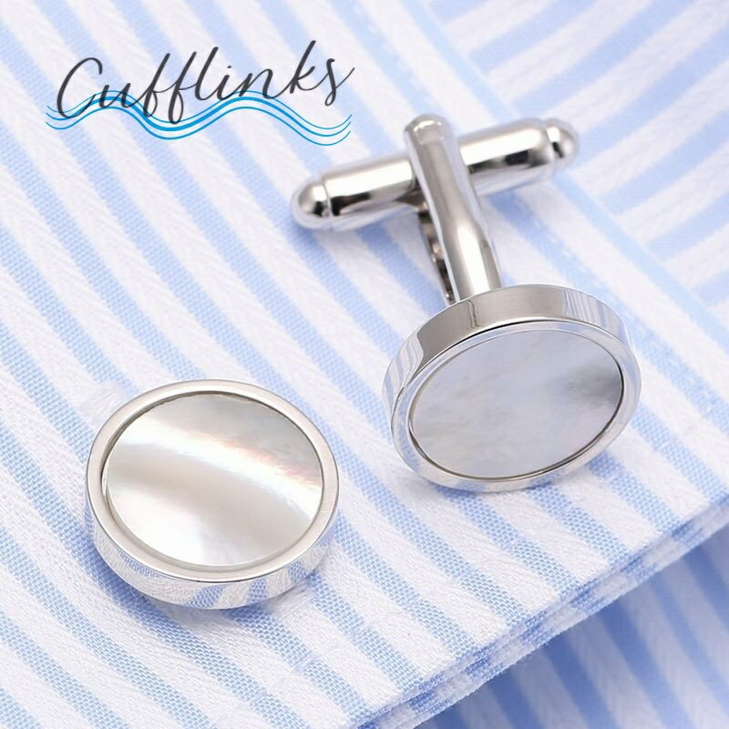 送料無料 カフスボタン カフスリンクス メンズ アクセサリー スーツ シェル風 サークス 丸 ラウンド シルバーカラー ホワイト 白 パーティ ベーシック 定番 ワンタッチ式 おしゃれ 上品 エレガント 結婚式 2次会 記念日 フォーマル ギフト プレゼント カジュアル ファッショ