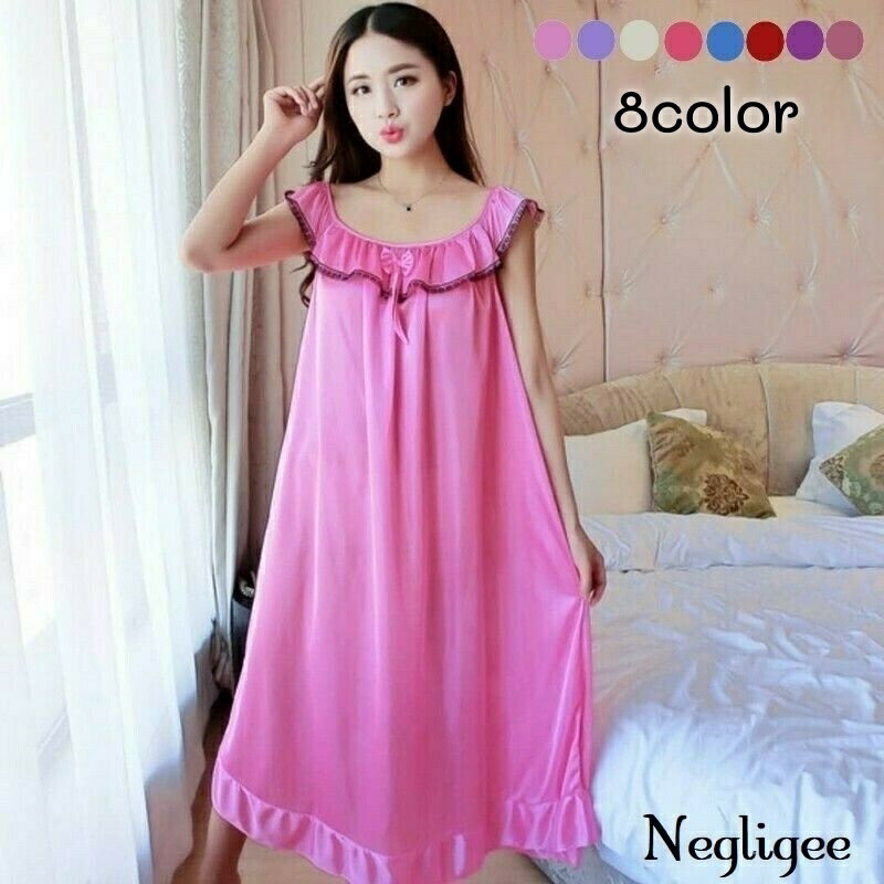 送料無料 ネグリジェ ノースリーブ レディース パジャマ ルームウェア 寝間着 部屋着 ワンピース型 ミディ丈 膝下丈 サテン調 Aライン フリル ラウンドネック ナイトウェア プルオーバー 婦人服 リボン 就寝 上品 おしゃれ 寝巻き 女性用