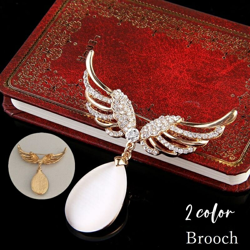 送料無料 ブローチ レディース アクセサリー プレゼント 天使の羽根 ティアドロップ ラインストーン ビ..