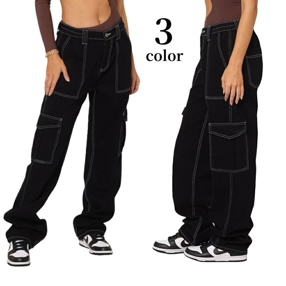 送料無料 ロングパンツ カーゴパンツ ワイドパンツ デニム レディース 婦人服 ボトムス 長ズボン ハイウェスト ステッチ サイドポケット ルーズフィット おしゃれ カジュアル かわいい デイリー 普段使い