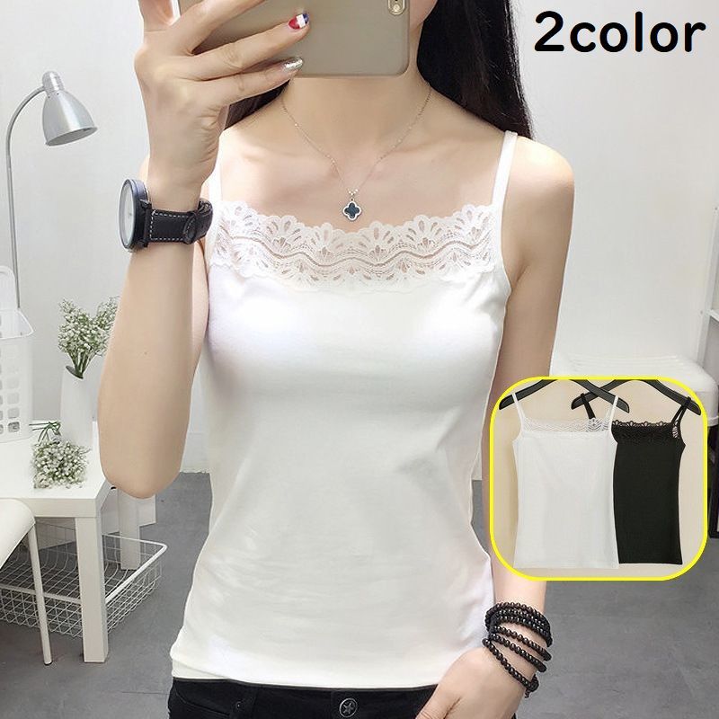 送料無料 キャミソール レディース ノースリーブ カットソー 胸元レース デコルテ見せ チラ見え防止 無地 スリム シンプル カジュアル