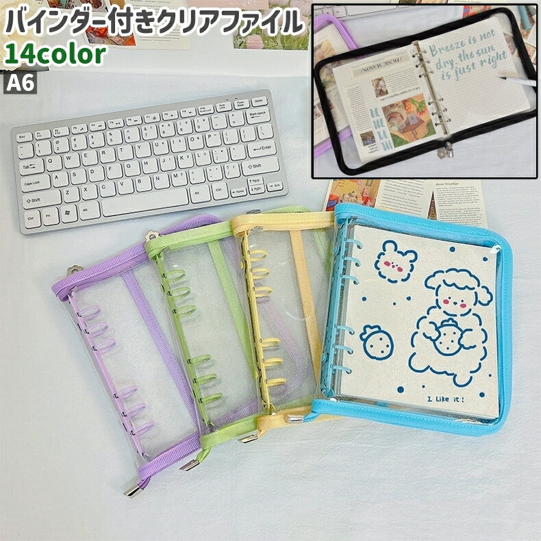 送料無料 クリアファイル クリアケース レディース 女性 A6 ファスナー チャック ジッパー バインダー付き シンプル かわいい 可愛い おしゃれ ルーズリーフ ファイリング カラバリ豊富 透明 クリア 黒 青 ピンク