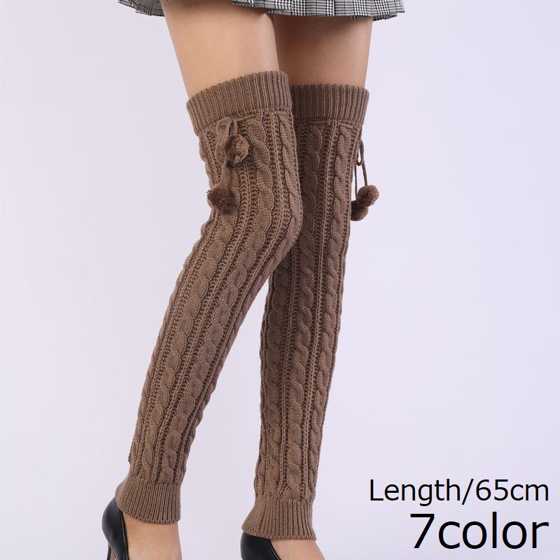 送料無料 レッグウォーマー 足首ウォーマー ニット ロング丈 サイハイ 65cm レディース 秋冬 防寒 暖かい 冷え対策 あったか 厚手 ぽかぽか ケーブル編み リブ くしゅくしゅ ルーズ 太もも丈 リボン ポンポン付き かわいい 可愛い おしゃれ 女性 ギフト 贈り物