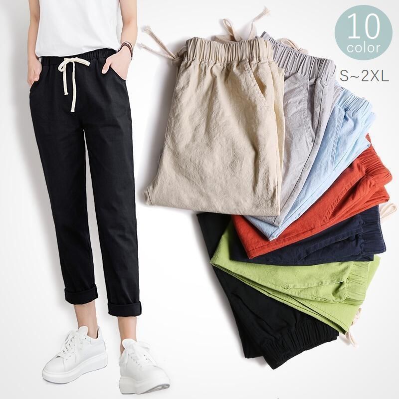 Linen, Hemp - 送料無料 クロップドパンツ レディース 女性用 ボトムス ズボン 九分丈 半端丈 リネン調 ウエストゴム 大きいサイズ 無地 おしゃれ カジュアル
