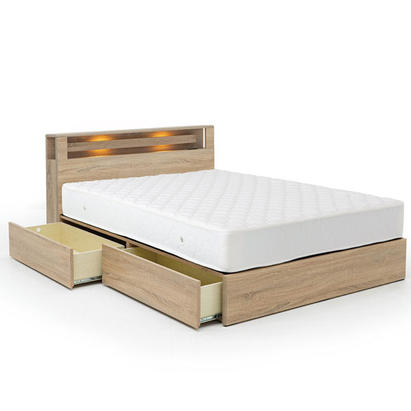 送料無料【セミダブルベッド】 大人かわいいインテリア 棚・コンセント付き 収納ベッド ベッド セミダブル ※マットレス無しタイプ 照明付きコンセント付き 収納・引き出し付き 北欧スタイル セミダブル リトワール　NAO