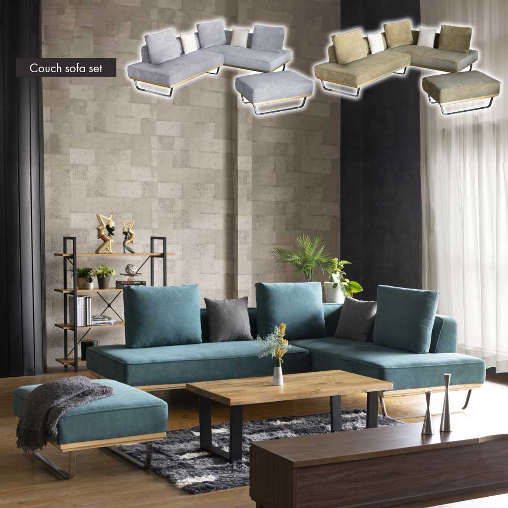 送料無料 ソファー 北欧カウチソファ コーデュロイ 脚付き 3点セット スツール オットマン付き カウチ ..