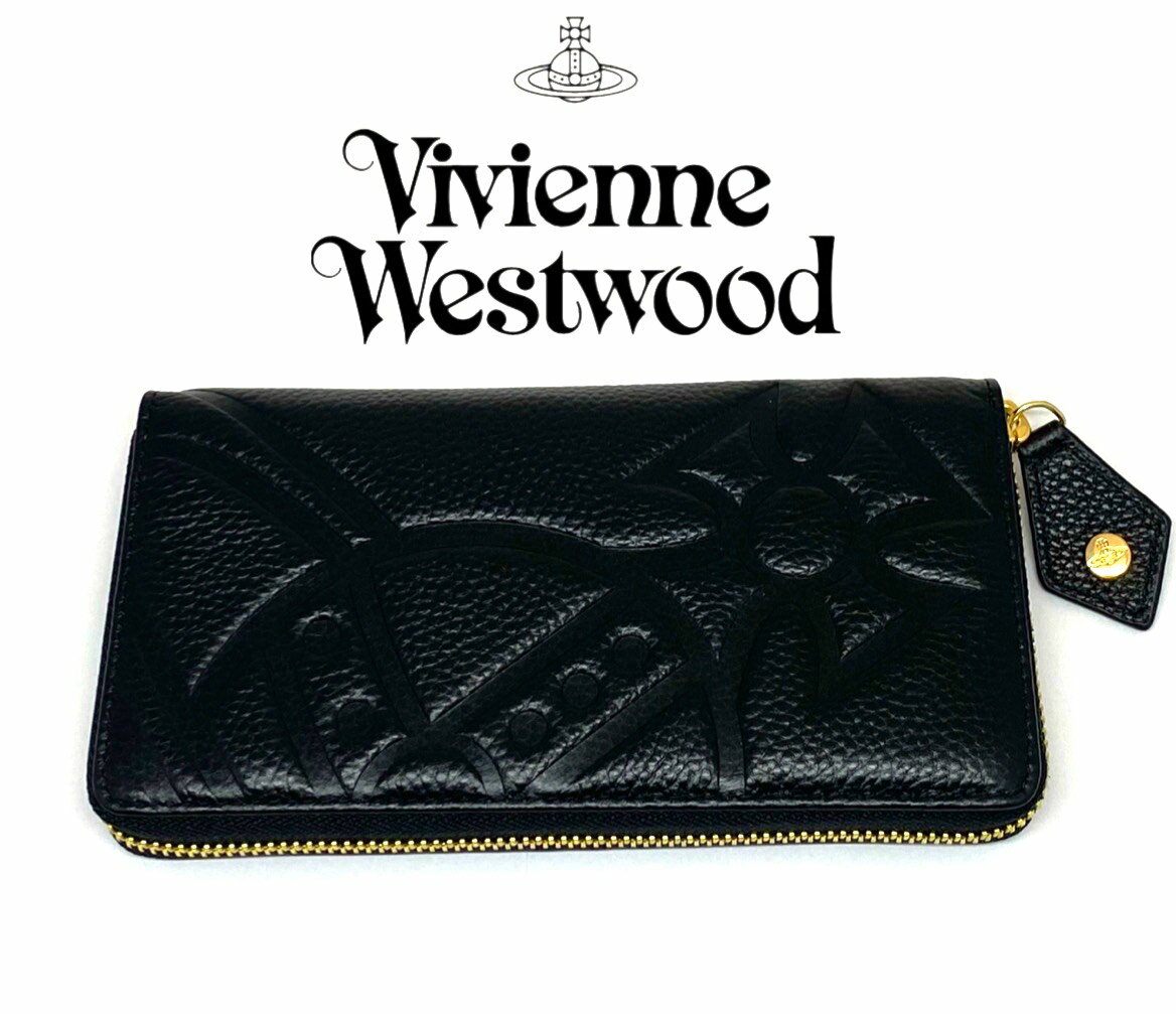 ヴィヴィアンウエストウッド 長財布（レディース） ヴィヴィアンウエストウッド 財布 ヴィヴィアン Vivienne Westwood ラウンドファスナー長財布 模様入　レディース メンズ ブラック　モデル　55VV311 ギャランティカード　ショッパーバッグ付き　アウトレット品