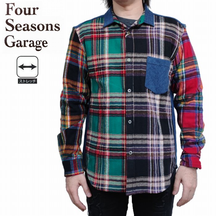 樂天商城 - 長袖シャツ モールチェック デニムストレッチ パネル切替 チビ衿 0145-38008 fourseasonsgarage フォーシーズンズガレージ 大人のアメカジ クレイジー 商品入れ替えの為