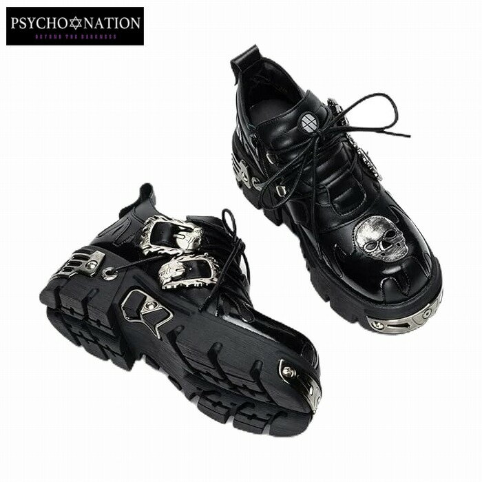 靴 シューズ 27センチ相当 ファイヤースカルショートブーツ 金属装飾 724922 厚底 高さ6センチ PSYCHO ..