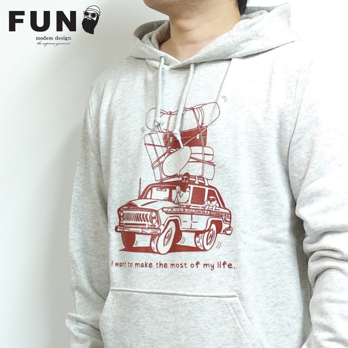 プルパーカー 旅に出る おじさん 愛犬 バックは無地です f-25070554 modemdesign モデムデザイン fun ファン ユニセックス 男女兼用