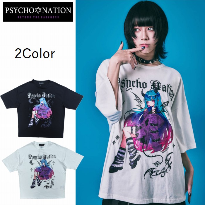 寝田ルネ コラボ デビル 小悪魔 半袖Tシャツ ワイドシルェット 726601 PSYCHO NATION サイコネーション 病み系 地雷系　ユニセックス 男女兼用