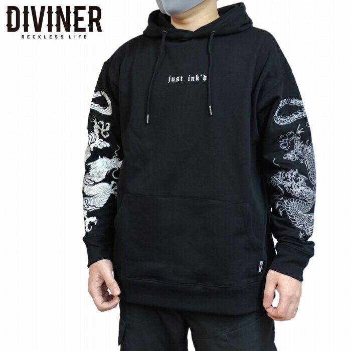 ジャストインクドフーディー 両腕に龍の刺繍 プルパーカー トレーナー 68631-wht DIVINER ディバイナー DIVINERJAPAN 韓国ストリート