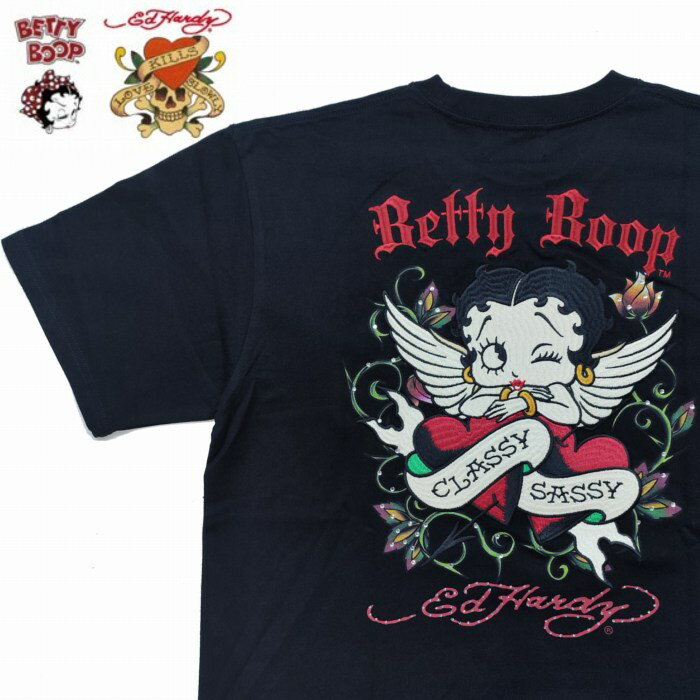 樂天商城 - 半袖Tシャツ ウィング ハート 刺繍 ラインストーン bed-2601 Ed Hardy × BETTY エド・ハーディ ロック ドクロ ベティ・ブープ コラボ