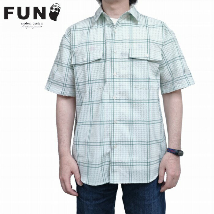 Work Shirt - 半袖シャツ シアサッカー生地 チェック 爽やかなグリーン系のチェック m-2401461 modemdesign モデムデザイン fun ファン ユニセックス 男女兼用 商品入れ替えの為