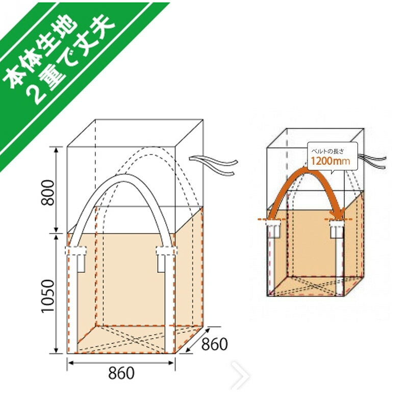 角型フレコンバッグ 10枚入 1050KS(SP)2W 800L 耐荷重1000kg 二重構造 破れにくい ガラス突起物 運搬 工事 土木 収穫 ふくなが 代引不可 2