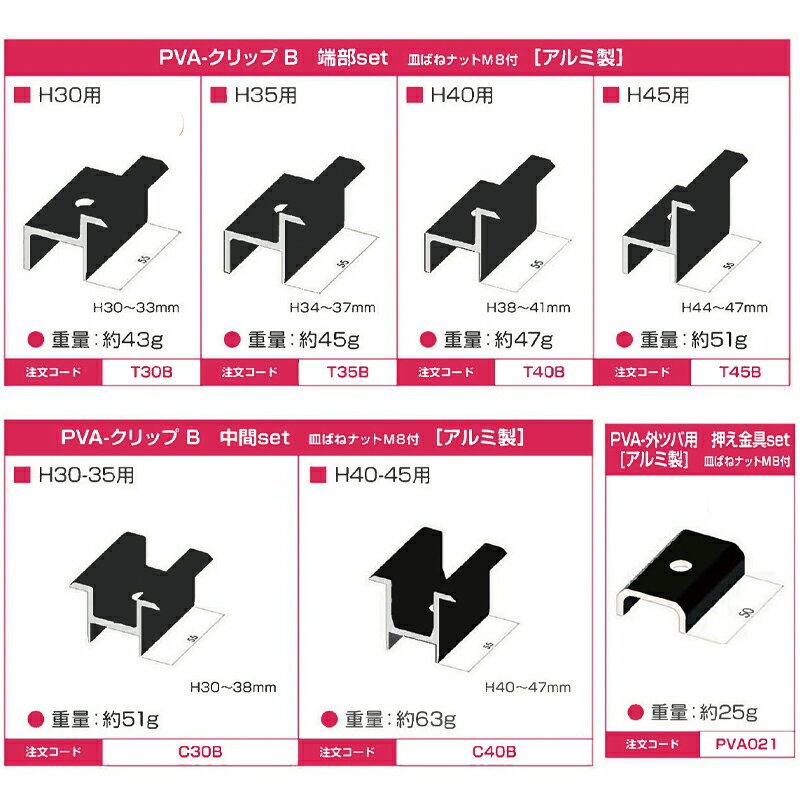 モジュール用押さえ金具のみ PVA-クリップset 外ツバ用 シルバー/ブラック 端部/中...