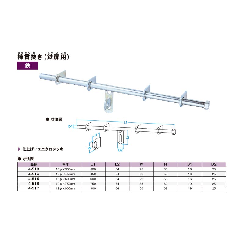 棒貫抜き鉄扉用鉄ユニクロ16径x750mm2本セット4-516門金具エイト北別アミ代引不可