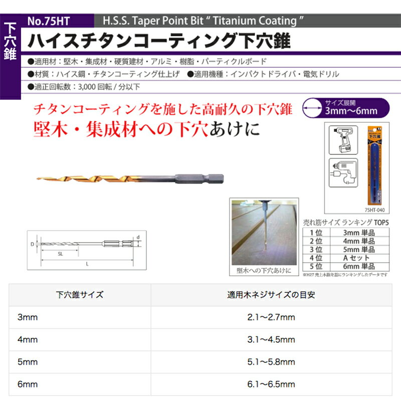 STAR-M No.75HT ハイスチタンコーティング 下穴錐 6mm 六角軸6.35mm 75HT-060 釘打ち、ビス締め時の木割れ防止に。堅木・集成材にも対応 スターエム 三冨D