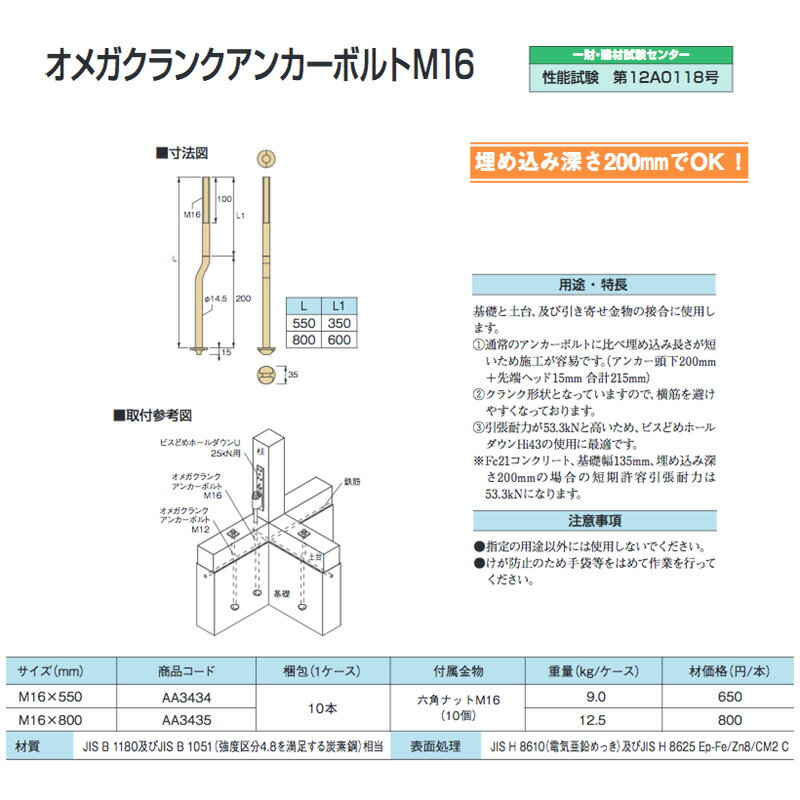 【代引不可】 【10本入】 オメガクランクアンカーボルト M16 [ M16×800 ] AA3435 【土台・基礎】 TANAKA タナカ アミ 2