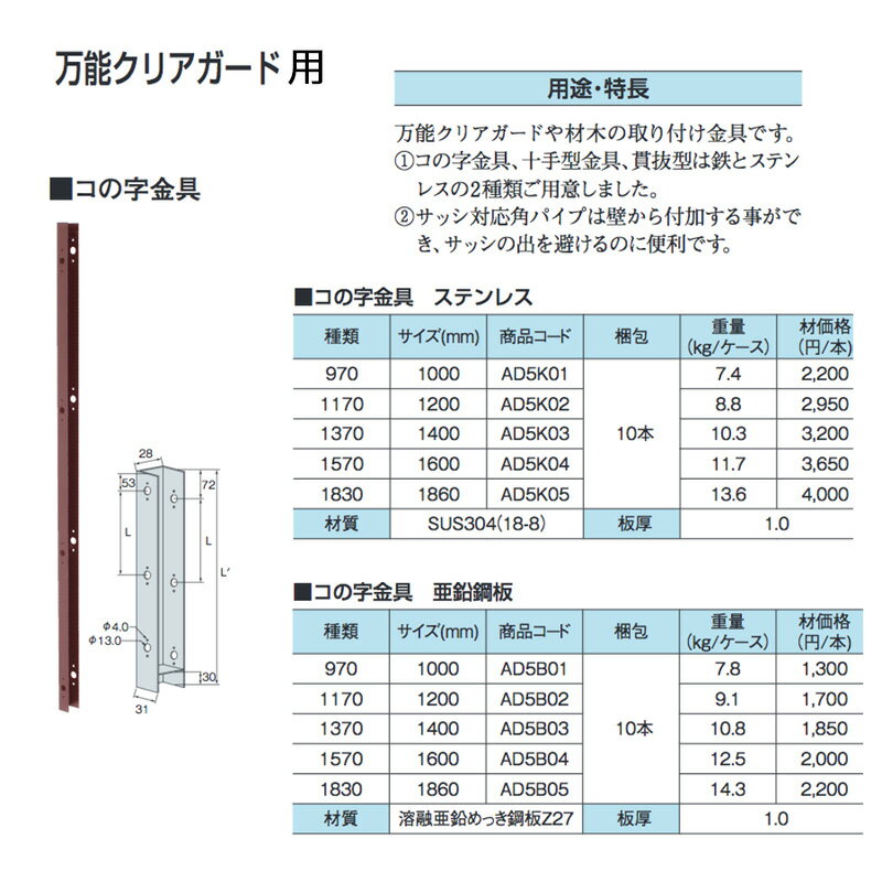 コの字金具 1370 10本 サイズ1400 亜鉛銅板 AD5B03 万能クリアガードや材木の取付金具 TANAKA タナカ アミ 代引不可