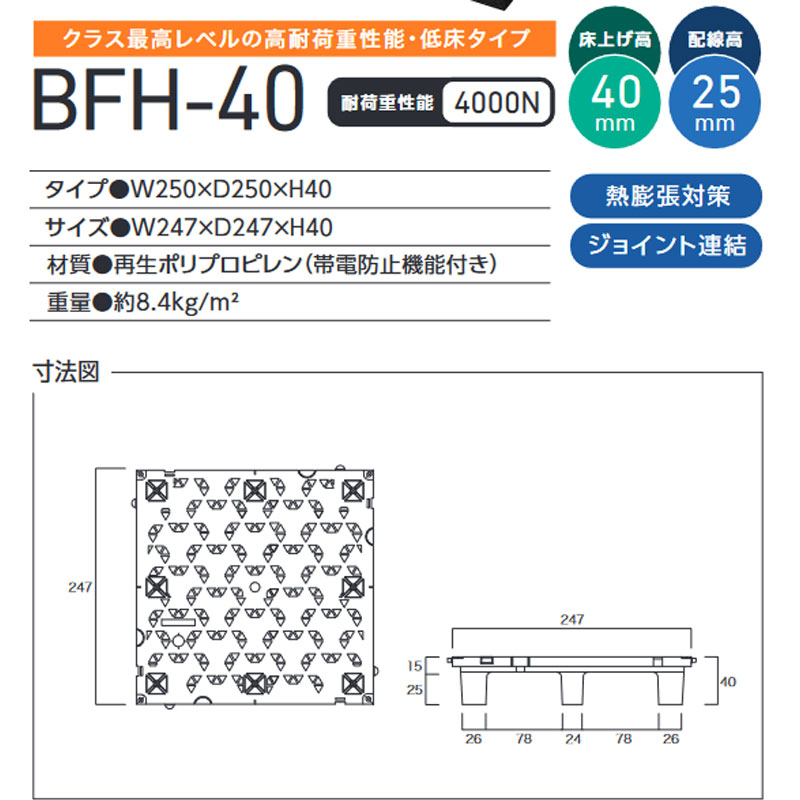 OAフロア BFH-40 16枚入/1平方メートル 250x250x40 置き敷タイプ 支持脚と床面の軽...